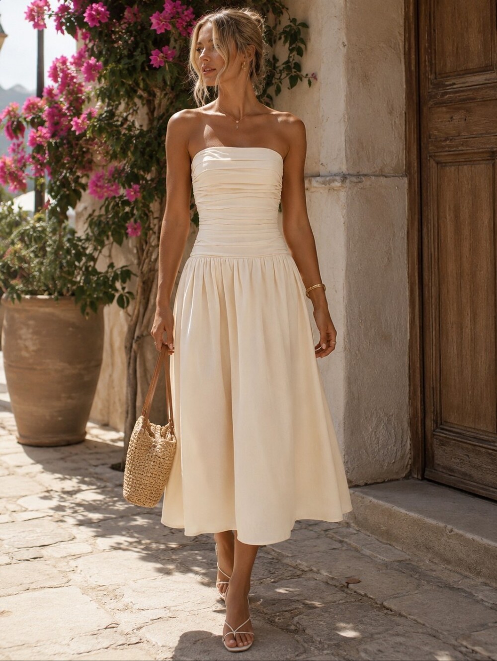 Strapless Ruched Detail Midi Dress Cream S Medium Egg Summer Cotton Summer White